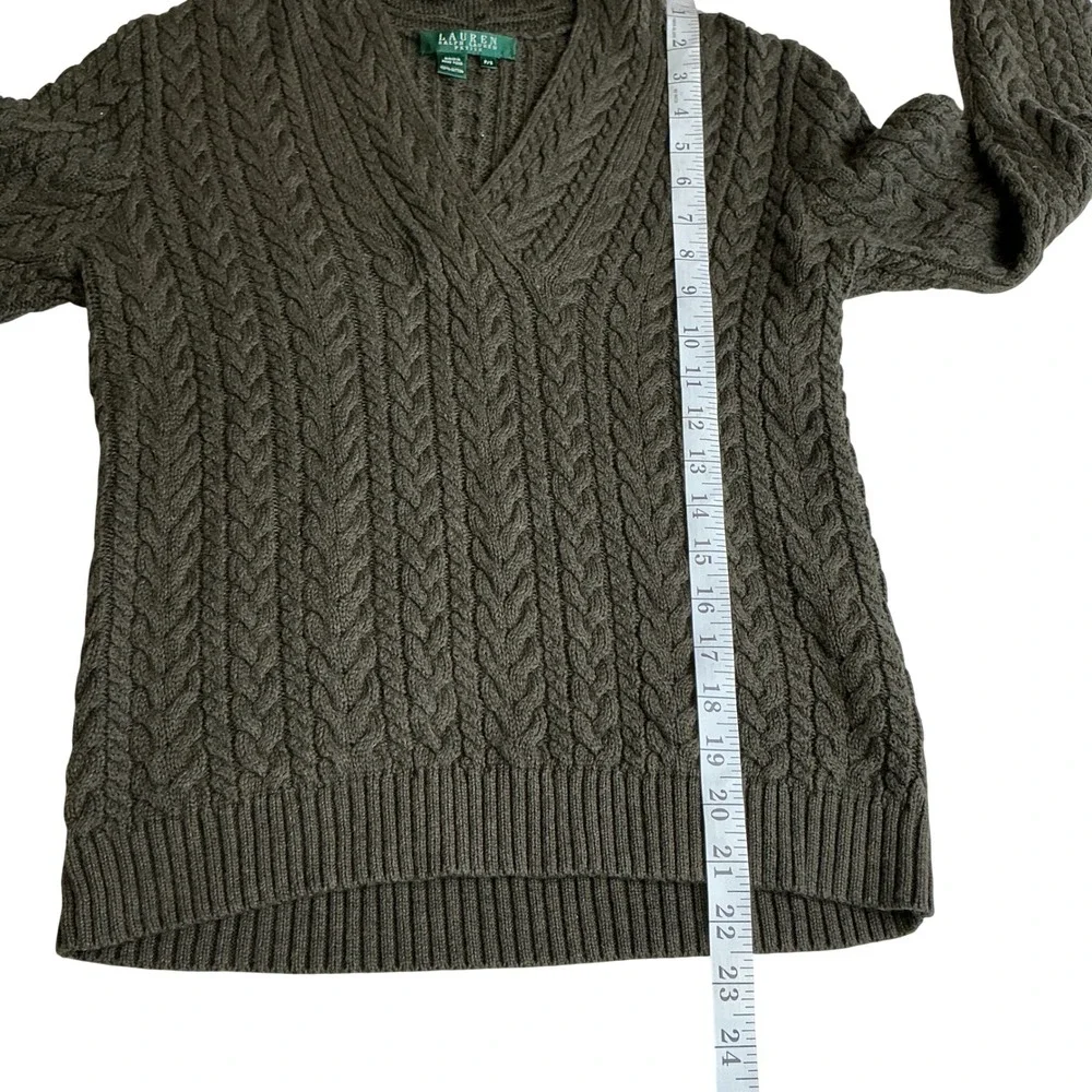 Lauren‎ Ralph Lauren Petite Olive Green Cable Knit Surplice V-Neck Sweater P/S